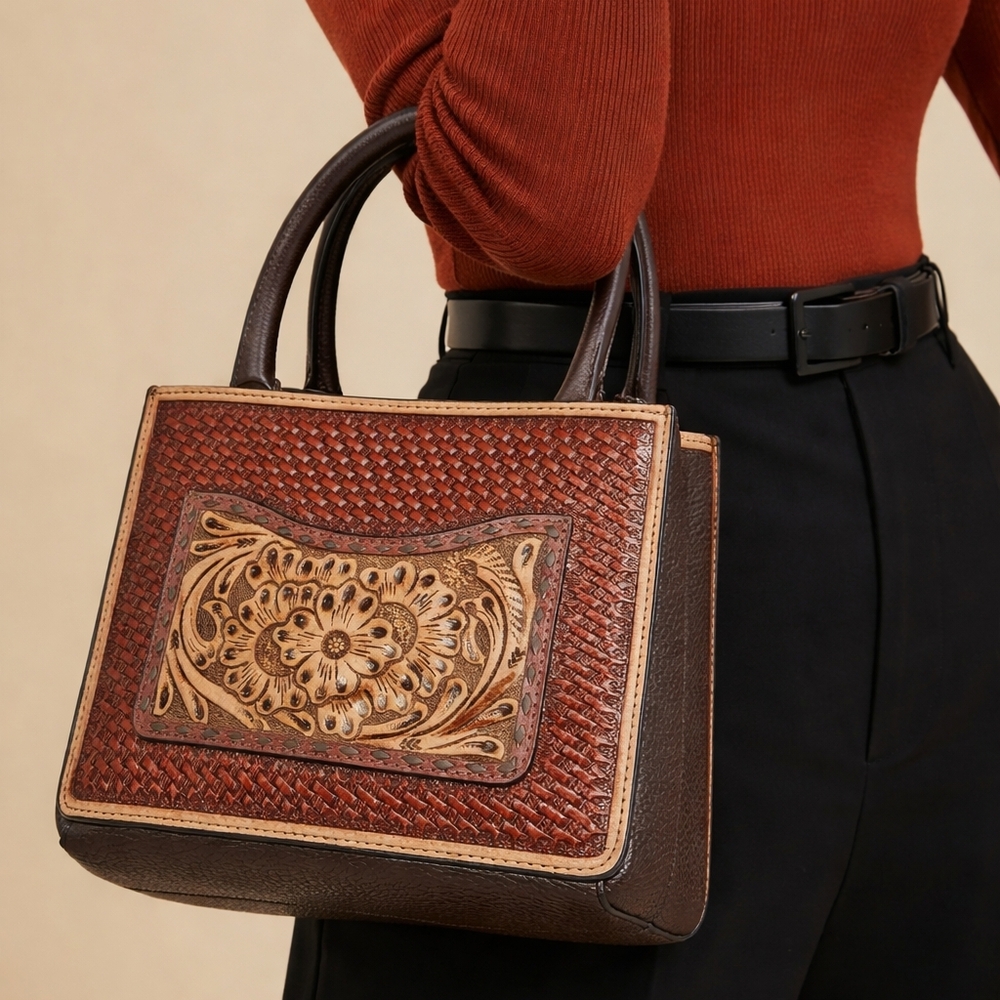 Brown and Tan Hand Tooled Embossed Leather Handbag That Also Has a Cross Body